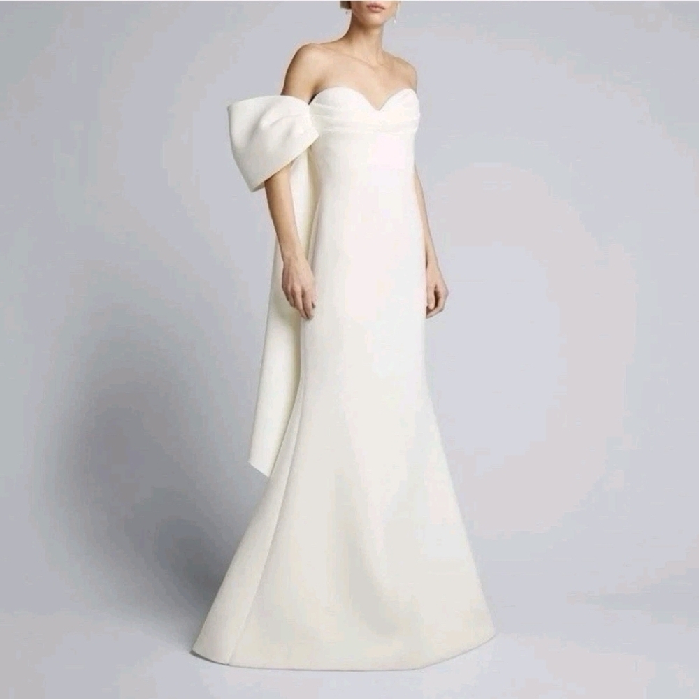 Badgley Mischka Strapless Ivory Evening Gown with Draped Sleeve Accent